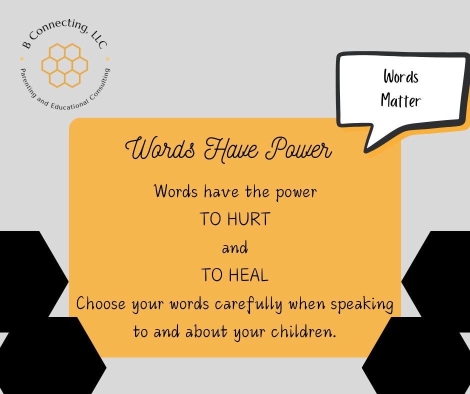 Graphic featuring the tagline 'Words Have Power' with a quote about the importance of choosing words carefully when speaking to and about children.
