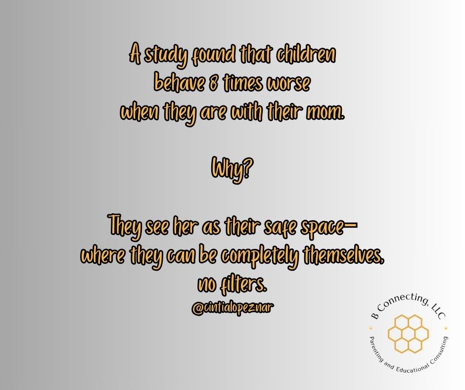 Text graphic discussing how children behave worse when with their mothers, emphasizing the idea that they see their mothers as a safe space.